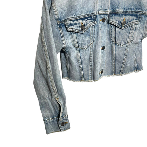Wilfred Free Aritzia Sandalis Fringed Hem Button Down Cropped Denim Jacket Small - Picture 6 of 11